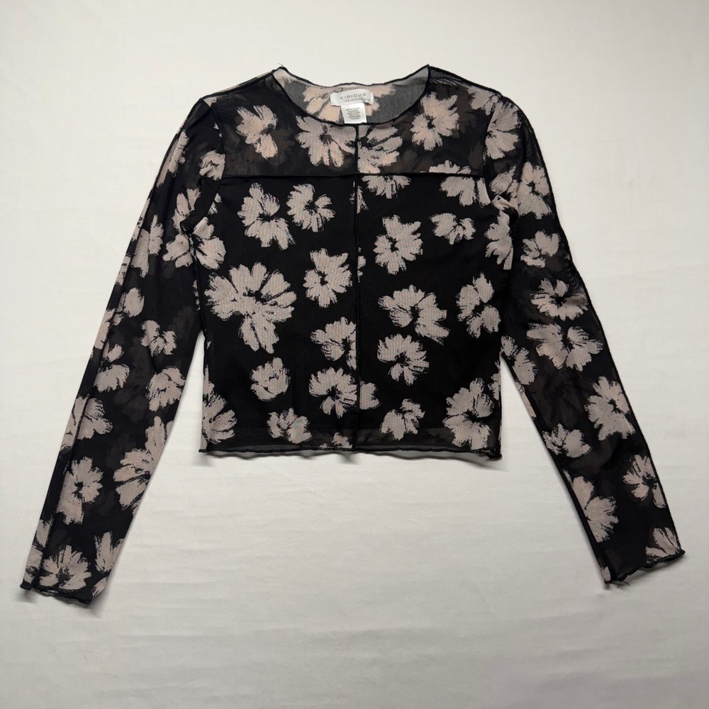 Sheer Mesh Floral Crop Top Long Sleeve Y2K Whimsigoth Grunge XS S - Picture 2 of 9